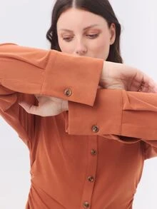 KÆRIA Hus Ruched Button-Up Shirt - Cupro-Blend Jersey - Deep Rust - Long Sleeve, Workwear, Evening, Minimalist - Orange - View 6