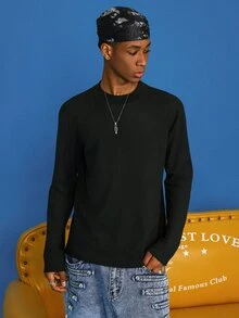 STEELVANCE Men's Solid Color Casual Versatile Daily Long Sleeve T-Shirt - Black - View 3