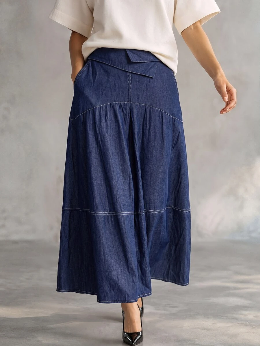 Trelyra Skirt A-Line Denim Asymmetric Fold Layered Patchwork Hem ...
