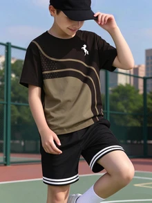 (1件)青少年男孩秋季休閒時尚黑色咖啡弧形陰影小馬波點圖案基礎短袖T恤，舒適日常穿著 - 彩色 - 查看 3