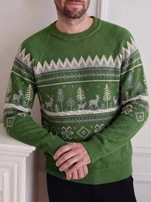 Manfinity Homme 男士圓領長袖套頭毛衣，費爾島針織秋冬服飾，米色寬鬆版型時尚百搭 - 綠色 - 查看 4