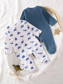 SHEIN Vintaside Kids 2件裝新生兒男嬰休閒針織秋/冬季睡衣，可愛卡通恐龍圖案，長袖圓領動物印花拉鍊款 - 藍色 - 查看 2