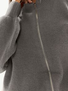 MUSERA 大尺碼灰色針織高領拉鍊開襟針織外套 休閒酷感基本款 秋冬款 - 淺灰色 - 查看 6