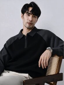 Claim Dot Men's Patchwork Raglan Sleeve Half Zipper Front Casual Sweater, Simple Design, Fall/Winter - Black - View 4