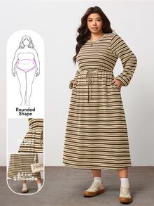 Enliva Plus-Size Women's Round Neck Striped Color-Block Casual Everyday Dress Apple,Rounded Body - Multicolor - View 6