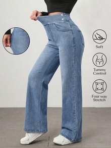 SHEIN Essnce Winter Street Plus Size Pocket Button Denim Light Blue Daily Wear Wide Leg Jeans - Light Wash - View 1