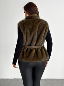 Firerie Plus Size Vintage Faux Fur Vest Jacket - Brown - View 2