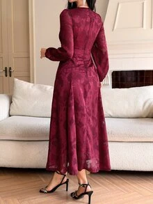 DAZY V-Neck Jacquard Elegant Women's Midi Dress - Red Violet - View 2