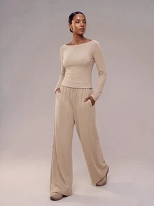 Zivah Women's Solid Color Long Sleeve Top And Pants Casual Daily Sportswear Set - Brown - View 1