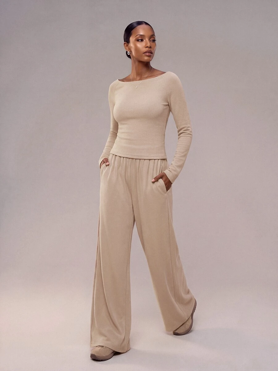 Zivah Women's Solid Color Long Sleeve Top And Pants Casual Daily Sportswear Set - Brown - View 1