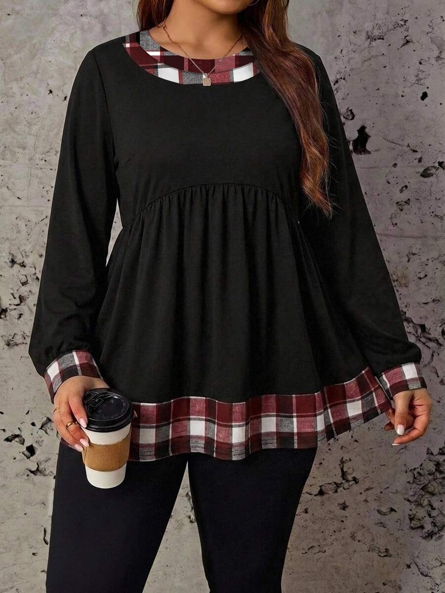 Comfylo 秋季休閒極簡復古聖誕氛圍拼接紅格紋印花大尺碼女款寬鬆T恤,適合秋冬外穿,聖誕穿搭 - 彩色 - 查看 1