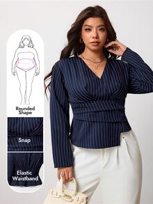 Enliva Plus-Size Women's Fitted Navy Blue Striped Long-Sleeved Shirt, Perfect For Autumn Apple,Rounded Body - Multicolor - View 3