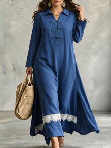 Linhara CURVE Fashion Casual French Vintage Elegant Commuter Blue Frog Button Lace Patchwork Dress - Blue - View 7