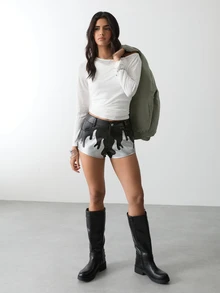 BAD SUNDAY Women's Low-Rise PU Leather Hot Pants, Flame Patchwork Mini Shorts, Faux Leather Short - Black - View 5
