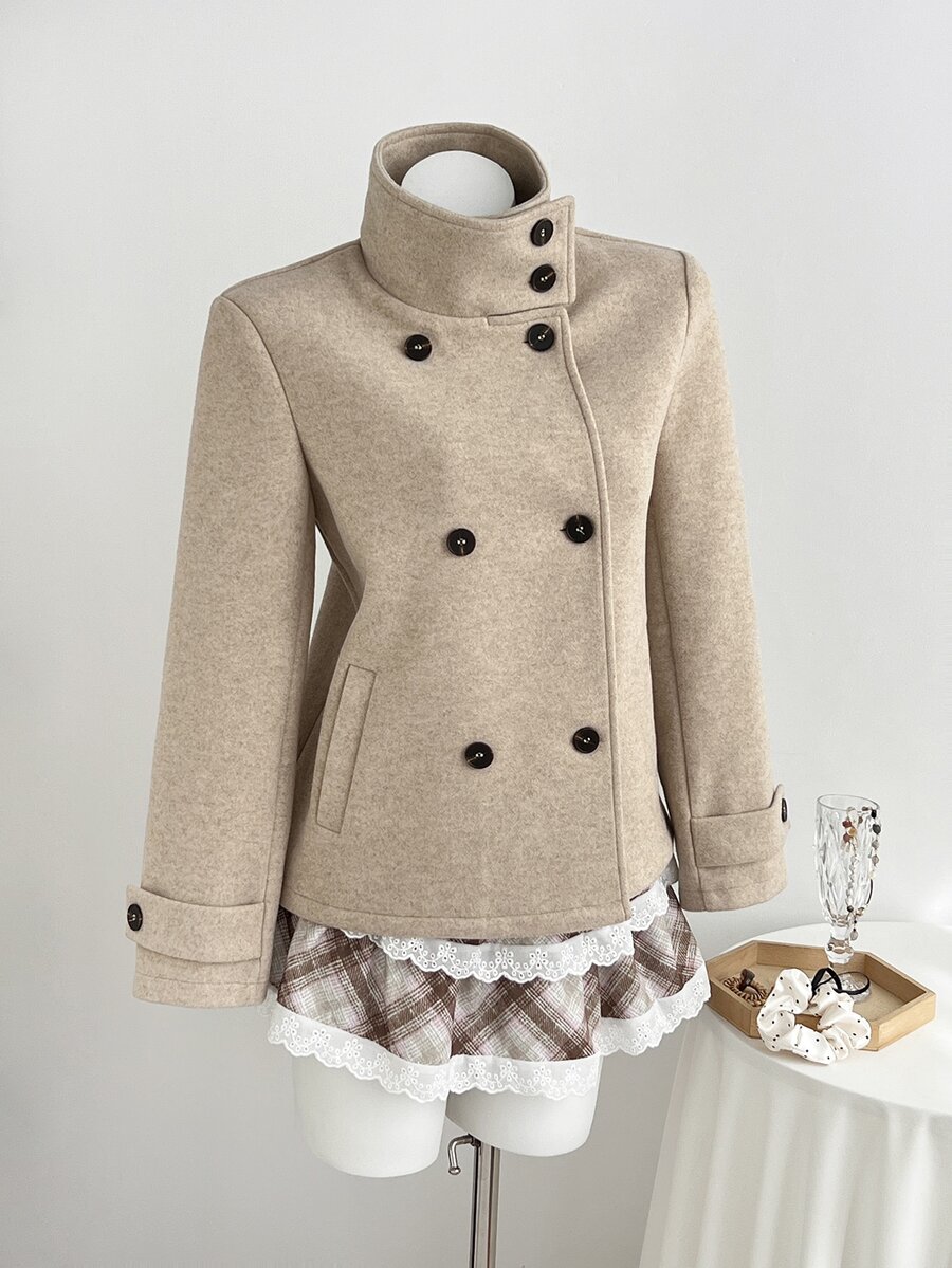 Elamini Autumn/Winter Casual Commute Oatmeal Color Double-Breasted Stand Collar Wool Blend Loose Fit Fashionable Coat - Khaki - View 1