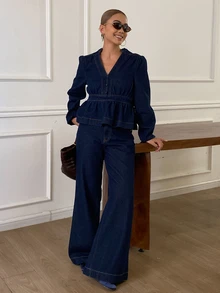 DAZY Women's V-Neck Ruffle Hem Top And Long Pants Casual Denim Set - Blue - View 6