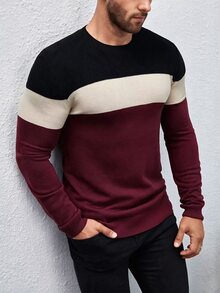 Marcello Vane 男士對比色塊圓領長袖針織套頭毛衣，棕色系，秋季休閒上班穿搭，適合秋冬 - 酒紅色 - 查看 1