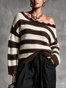 Elafinee New Plus-Size Women's Coffee And White Striped Off-The-Shoulder Knit Top With Lace Splicing For Autumn And Winter, Casual Loose Long-Sleeve Pullover S - Multicolor - View 7
