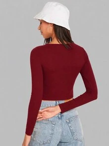 SHEIN BASICS 女款純色圓領短版上衣 黑色 秋季女裝 日常簡約極簡風 - 酒紅色 - 查看 2
