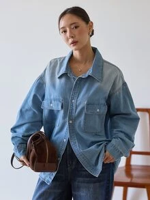 Dazy-Less Women's Single-Breasted Casual Daily Long Sleeve Denim Top - Blue - View 3