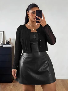 POPSWAY Plus Size PU Cami Dress And Cardigan Top 2 Pieces Set, Autumn/Winter - Black - View 3