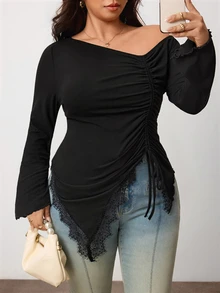 Enliva Plus-Size Women's Lace-Trimmed Asymmetrical T-Shirt With Bow Hourglass - Black - View 7