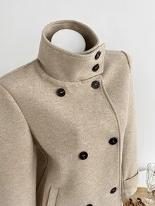Elamini Autumn/Winter Casual Commute Oatmeal Color Double-Breasted Stand Collar Wool Blend Loose Fit Fashionable Coat - Khaki - View 4