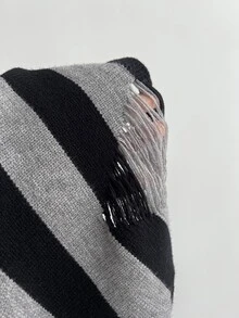 Elamini Women's Autumn/Winter Long Sleeve Asymmetrical Shoulder Flared Sleeve Striped Knit Sweater - Black - View 5