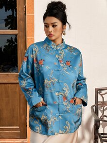EastFlair Plus Size Women's Chinese Dragon Pattern Frog Button Front Elegant National Style Jacket - Multicolor - View 10