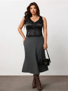 Enliva Áo vest sát nách size lớn bằng satin viền ren cổ chữ V cài nút trước cho dáng người quả lê và dáng tam giác - màu đen - Xem 3