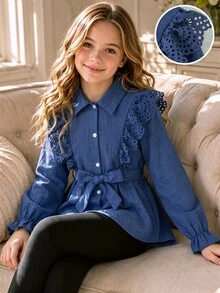 Tween Girl Fall Winter Ruffle Trim Long Sleeve Button Up Blouse Top And Pants 2pcs Set - Red - View 5