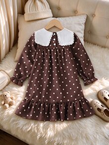 SHEIN 1件女童秋季新款清新風格寬鬆長袖洋裝，彈性袖口、精緻領口、後開口設計，休閒百搭返校大學郊遊洋裝 - 棕色 - 查看 2