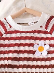 SHEIN 青少年女孩冬季新款時尚卡其色抓絨針織提花圓領長袖上衣搭配寬腿褲，花卉針織裝飾 2 件套 - 酒紅色 - 查看 4