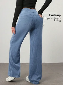 SHEIN Essnce Winter Street Plus Size Pocket Button Denim Light Blue Daily Wear Wide Leg Jeans - Light Wash - View 2