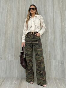Breezaya 女款時尚百搭休閒口袋拉鍊直筒牛仔褲 日常咖啡棕色夏季款 - 軍綠色 - 查看 9