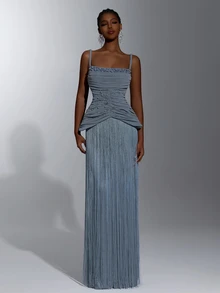Elitara Elegant Luxury Knit Shimmer Off-Shoulder Dress With 3D Rhinestone Embellishments And Hand-Beaded Details, Slimming Ruched Waist, 2 In 1 Design, Tassel Decor, Bodycon Fit, Suitable For Evening Party, Exhibition, Business Event, Wedding, Bachelorette Party, Vacation, Date And Other Formal Occasions For Women - Dusty Blue - View 7