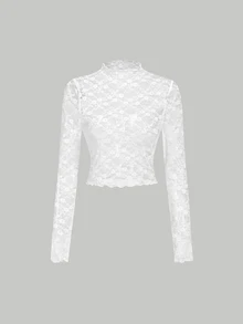 SHEIN MOD 3件組女款透視網紗蕾絲長袖短版上衣，小高領優雅性感時尚黑白配色，秋季夜生活、嘉年華服裝，白色花卉 - 黑與白 - 查看 8