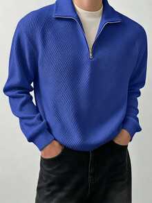 Manfinity Homme Men's Minimalist Versatile Ribbed Long Sleeve Sweater For Daily Wear Old Money Couple Matching Outfit - Blue - View 5