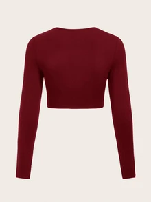 SHEIN BASICS 女款純色圓領短版上衣 黑色 秋季女裝 日常簡約極簡風 - 酒紅色 - 查看 6