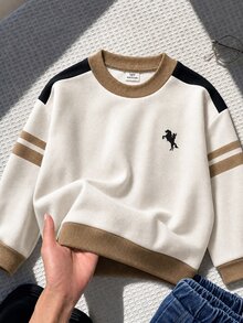 Boys' American Minimalist Sweatshirt, Pony Print With Colorblock Patchwork Sleeves, Double Stripe Detail, Ribbed Crew Neck, Pullover Top, Suitable For School, Outdoor, Travel, Spring, Autumn, Winter - Multicolor - View 4