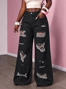 Slaydiva Plus Size Women Distressed Pocket Wide Leg Loose Casual Versatile Jeans - Black - View 5