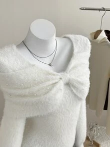 Elamini Women's Autumn/Winter Fuzzy Bow Square Neck Long Sleeve Knit Sweater - White - View 4