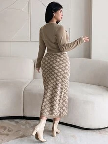 Feyla Plus Size Women's Colorblock Cardigan And All-Over Print Dress Knit Set - Multicolor - View 2