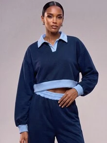 Zivah Women's Colorblock Long Sleeve Top And Pants Casual Daily Sportswear Set - Blue - View 3