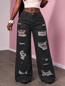 Slaydiva Plus Size Women Distressed Pocket Wide Leg Loose Casual Versatile Jeans - Black - View 6