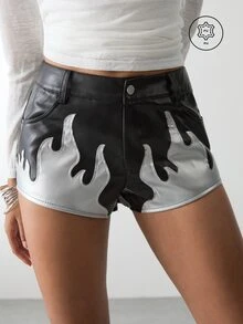 BAD SUNDAY Women's Low-Rise PU Leather Hot Pants, Flame Patchwork Mini Shorts, Faux Leather Short - Black - View 1