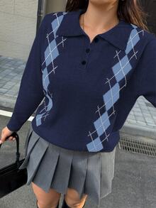Linhara CURVE 大尺碼 Polo 領撞色菱格紋休閒通勤長袖針織毛衣 冬季 - 藍色 - 查看 4