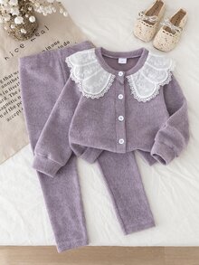SHEIN Girls Purple Lace Trim Oversized Collar Cardigan Set, Young Girl Autumn/Winter Ribbed Long Sleeve Top + Pants 2 Pieces Set, Sweet Princess Style, Soft And Comfortable - Purple - View 1