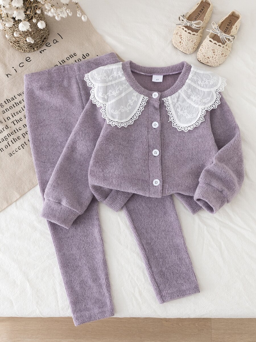 SHEIN Girls Purple Lace Trim Oversized Collar Cardigan Set, Young Girl Autumn/Winter Ribbed Long Sleeve Top + Pants 2 Pieces Set, Sweet Princess Style, Soft And Comfortable - Purple - View 1