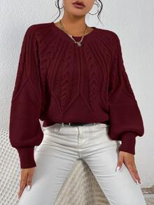 EMERY ROSE Cable Knit Lantern Sleeve Sweater,Long Sleeve Tops Knit Pullover Fall Winter - Burgundy - View 4